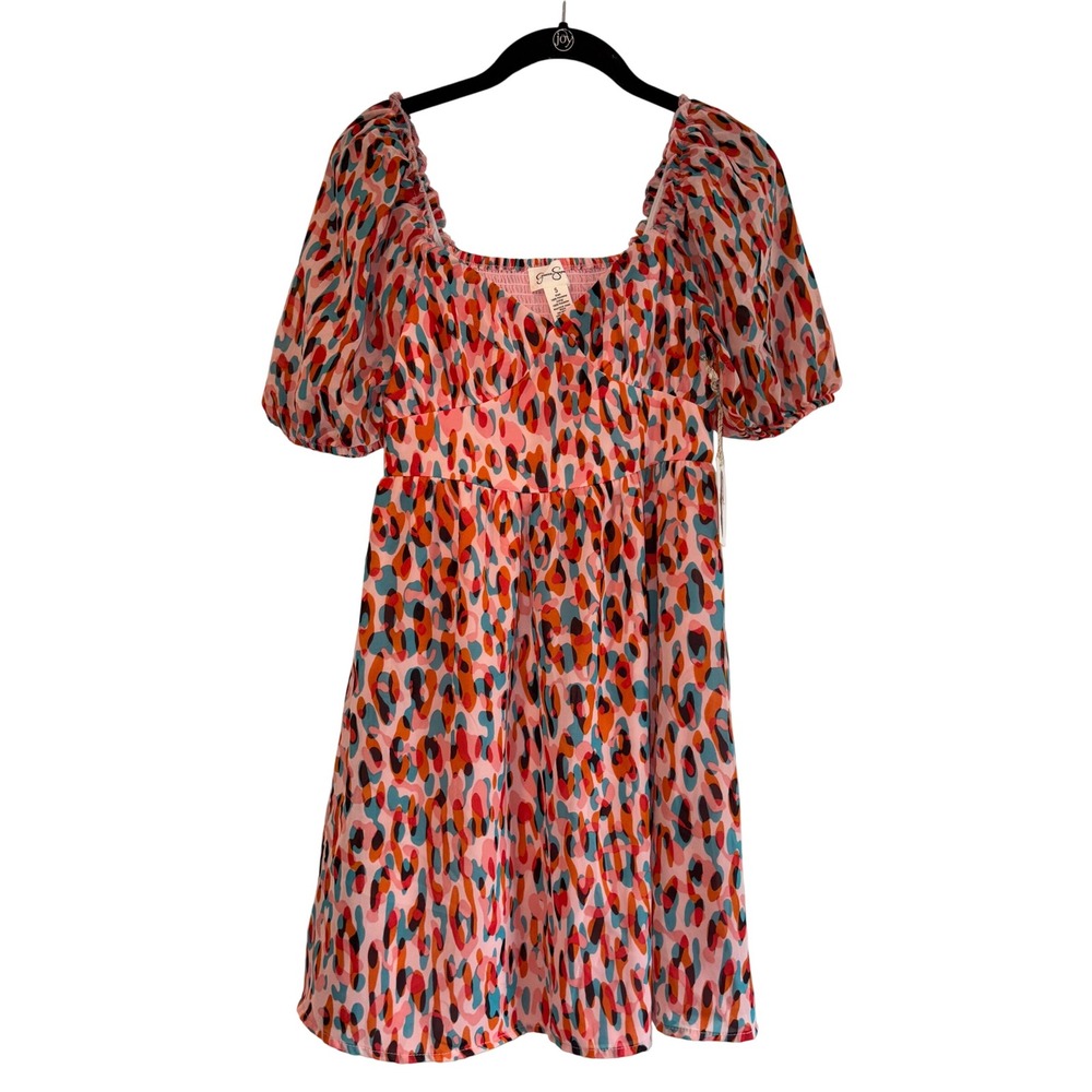 Jessica Simpson Mini Dress Smocked Puff Sleeve Colorful Print Dress S‎
